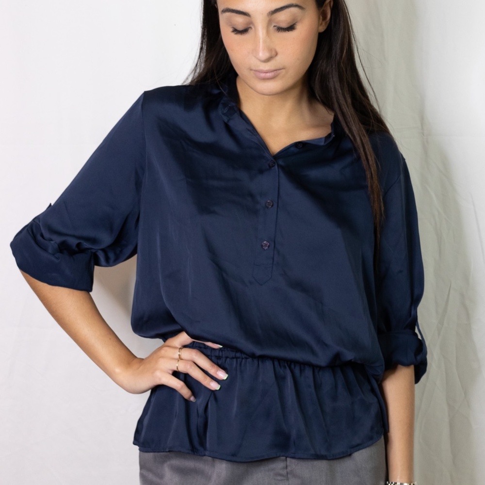 Michael Kors Blue Half Button Peplum Collar Top